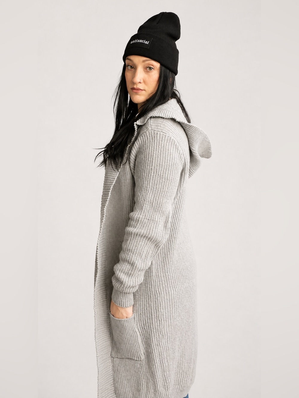 Long Open-Front Hooded Cardigan Sweater - Gray